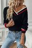 Black Contrast Striped Trim V Neck Drop Shoulder Sweater