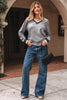 Gray Contrast Striped Trim V Neck Varsity Sweater