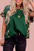 Sea Green Leopard Trim Round Neck Loose T Shirt