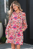Red Fall Flower Print Long Sleeve Mini Dress