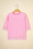 Pink Eyelash Floral Lace Patchwork Half Sleeve Oversize Tee