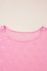 Pink Plus Size Bow Embroidered Mesh Long Sleeve Top