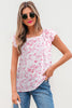 Pink Floral Ruffled Short Sleeve Bow Back Square Neck Blouse