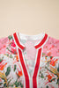 Pink Color Block Floral Print Contrast Trim V Neck Ruffle Hem Mini Dress