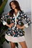 Blue Floral Print Striped Trim V Neck Long Sleeve Ruffle Hem Shift Mini Dress