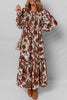 Chestnut Floral Puff Sleeve Smocked Bodice Ruffled Long Dress