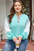 Aruba Blue Twist Ribbed Color Block Plaid Patchwork Plus Size Long Sleeve Top