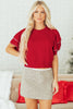 Racing Red Pearl Embellished Double Ruffle Short Sleeve Sweater