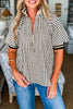 Black Stripe Polo Collar Half Zip Short Puff Sleeve Blouse