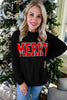 Blackish Green Twisted Rib Outlined Merry Letter Graphic Loose Long Sleeve Top