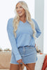 Smoke Green Notched Neck Terry Raw Hem Long Sleeve Top