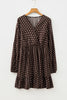 Chicory Coffee Polka Dot Long Sleeve Wrap V Neck Ruffle Hem Mini Dress
