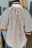 Black Stripe Polo Collar Half Zip Short Puff Sleeve Blouse