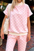 Pink Polka Dot Print Mock Neck Short Sleeve Top Shift Pant Set