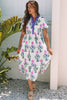 Blue Floral Puff Short Sleeve V Neck High Waist Maxi Dress