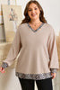Parchment Leopard Patchwork V Neck Long Sleeve Plus Size Top