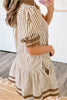 Brown Stripe Shirt Collar Color Block Patchwork Trim Ruffle Hem Short Dress