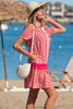 Orange Geometric Floral Print Color Block Trim Button Front Ruffle Hem Dress