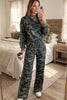 Multicolour Camouflage Patchwork Striped Detail Long Sleeve Top Casual Pants Set