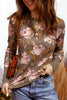 Brown Floral Print Waffle Textured Long Sleeve Top