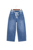 Beau Blue Solid Patchwork Grommet Tie Waist Loose Ankle-Length Jeans