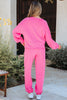 Bright Pink Raw Edge Half Buttons Pullover and Jogger Pants Set