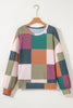 Green Checkered Print Textured Knit Long Sleeve Loose Top