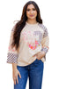 Beige Plaid Floral Peace Heart Graphic Wide Long Sleeve Top