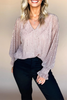 Light Pink V Neck Sequin Plisse Long Sleeve Blouse