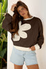 Coffee Raw Edge Flower Patch Drop Shoulder Casual Top