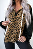 Brown Leopard Patchwork Contrast Stitching Knotted Cuff Quarter Zip Hoodie