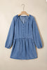 Myosotis Puff Sleeve V Neck Ruffled Loose Denim Mini Dress