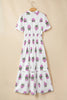 White Floral Print Split Neck Shirred High Waist Ruffle Hem Maxi Dress