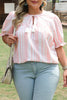 Pink Stripe Plus Size Tassel Tie Frilled Detail Short Sleeve Blouse
