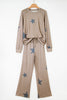 Khaki Retro Star Print Loose Long Sleeve Drawstring Wide Leg 2pcs Lounge Set
