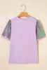Orchid Petal Sequined MARDI GRAS Graphic Patchwork T Shirt