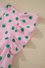 Pink V Neck Polka Dot Print Drawstring Tiered Babydoll Blouse