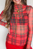 Red Plaid Round Neck Long Sleeve Pullover Top