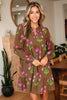 Brown Contrast Floral Print Babydoll Tunic Ruffled Hem Puff Sleeve Dress