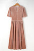 Chestnut Velvet Lacy V Neckline Short Sleeve Empire Waist Flowy Maxi Dress