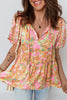 Orange Split V Neck Short Sleeve Flower Blouse