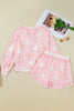 Pink Christmas Tree Nutcracker Doll Print Contrast Trim Long Sleeve Top Matching Shorts Set