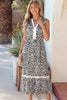 White Leopard Print Colorblock Trim Sleeveless Midi Dress
