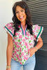 Pink Floral Print Contrast Trim V Neck Double Ruffled Short Sleeve Blouse