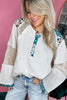 White Plant Mesh Patched Color Block Half Button Blouse