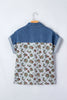 Gray Retro Floral Print Denim Patchwork Buttoned Polo Collar Top