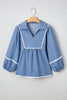 Dusk Blue Lace Ric Rac 3/4 Puff Sleeve Collared Babydoll Blouse