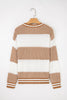 Khaki Two Tone Striped Patchwork Drop Shoulder Loose Sweater