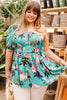 Green Plus Size Floral Smocked Bodice Single Puff Short Sleeve Babydoll Blouse