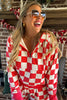 Red Checkered Print Half Zip Hoodie Loose Pant Set
